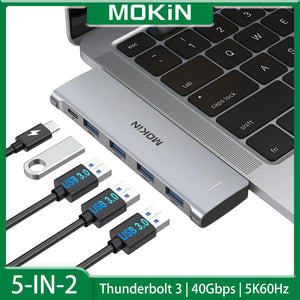 MOKiN 5 in 2 Dual USB C HUB Adapter Thunderbolt 3 Port 5K60Hz PD 100W 40Gbps for MacBook Pro Air 4 USB 3.0 5Gbps Docking Station