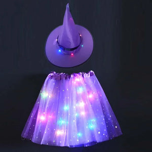 Women Girl Kids Glow Wizard Witch Hat Spider Web Cobweb Skirt Tutu Costume Party Led Clothes Birthday Gift Candy Bag Halloween