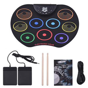 9 Drum Pads Electronic Drum Set with Drum Sticks/Pedals USB Roll Up Drum Set Headphone Jack Great Holiday/Birthday Gift for Kids