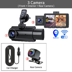 3 Channel Dash Cam Front Inside Rear Three Way Car Dash Camera, 2K+1080P Dual Channel With GPS WiFi IR Night Vision Camcorder