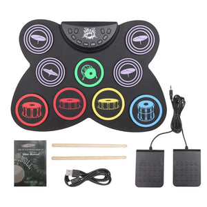 9 Drum Pads Electronic Drum Set with Drum Sticks/Pedals USB Roll Up Drum Set Headphone Jack Great Holiday/Birthday Gift for Kids