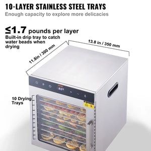 VEVOR 10 Trays Food Dehydrator Stainless Steel Machine 800W/1000W Household Vegetables Fruit Dryer with Digital Timer for Home