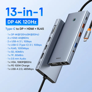 Baseus USB Type C to HDMI-Compatible HUB Adapter 13-In-1 DP 4K 60Hz 120Hz RJ45 VGA Converter PD 100W USB 3.0 2.0 For Macbook PC