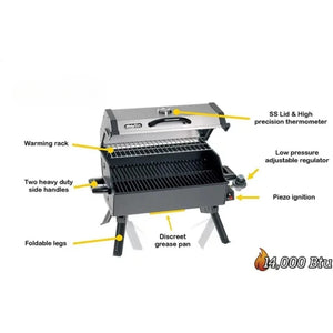 Barbecue Grill Portable Propane Gas Grill - 14000 BTU Tabletop BBQ with Porcelain Grate Folding Support Legs and Grease Pan Bar