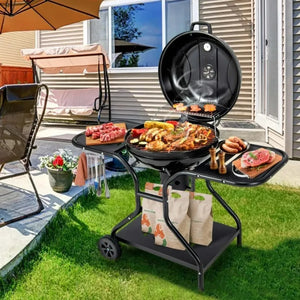 Garden Grill 22 Inch Charcoal BBQ Grill With Built-In Thermometer Wheels Side & Bottom Shelves Barbecue Brazier Camping Supplies