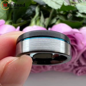 Black Tungsten Carbide Wedding Ring For 8MM Men And Women Blue Offset Groove Flat Band Brushed Finish Comfort Fit