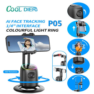 COOL DIER Gimbal Stabilizer for Mobile Phone AI 360 Follow Selfie Stand with lights Face Tracking Desktop Gimbal for Cellphone