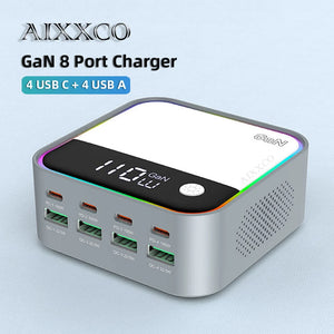 AIXXCO GaN USB C Charger 8 Port Desktop Charger Ambient Lighting Display 100W PD PPS Fast Charger For Laptop iPhone 15 Samsung