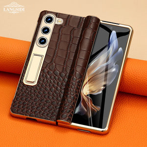 Genuine Leather Case for Samsung Galaxy Z Fold 6 5 4 3 Fold6 Fold5 Fold3 Fold4 Magnetic Hinge Stand Back Cover with Mirror Film