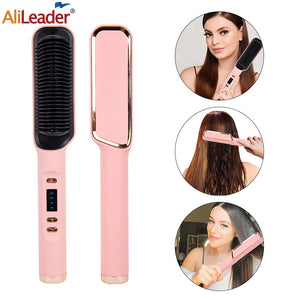 Multifunctional White Pink Ionic Hair Straightener Brush Fast Heating Curler Straightener Comb Styler Electric Fast Heating Comb