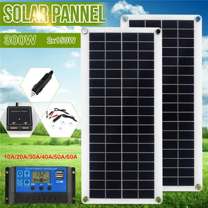 150W 300W Solar Panel Kit 12V Charge Battery With 30A 60A Controller Module 2 USB Port Cell Battery Power Bank for Phone RV Car - Stereotech