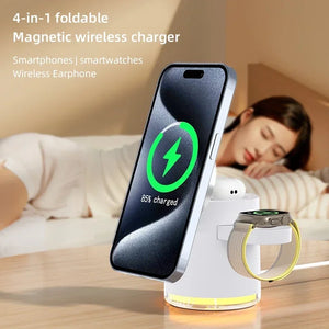 4 in 1 QI2 Wireless Charger Fast Charging Dock Stand Night Light For Magsafe iPhone 16 15 14 Pro Max Airpods Pro Apple Watch 2-8