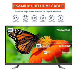 8K HDMI Flat Cable 48Gbps High Speed 8K60 4K120 144Hz Braided HDMI 2.1 Cord 3D eARC HDCP 2.2&2.3 Compatible with Roku TV/PS5