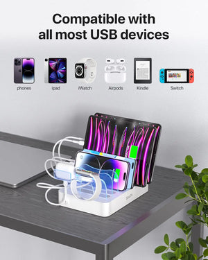 SooPii 50W/10A 6-Port USB Charging Station for Home and Office 6 Cables Included for Phones Tablets and Other Electronics