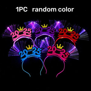 2025 Happy New Year LED Glow Headband Kids Adults Optic Fiber Light Up Hair Bands Glow Sticks Rave Nightclub Party Cheer Props