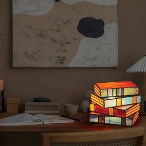 Stained Glass Stacked Books Lamp Night Light Table Desk Reading Book Light Nightstand Desk Lamps Handicraft Stacked Books