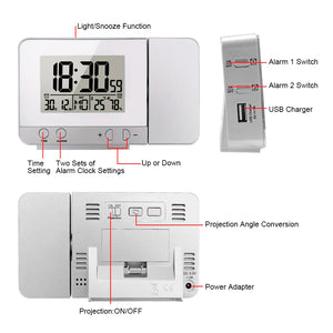 Backlight Projector Projection Alarm Clock Desk Table Led Clock Indoor Temperature Humidity Digital Date Snooze Function