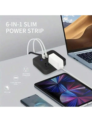 1pc Power Strip, Power Strip Surge Protector, 3 AC Outlets 3 USB 1 Power Button, Flat Plug, Desktop Charging Station With Overlo