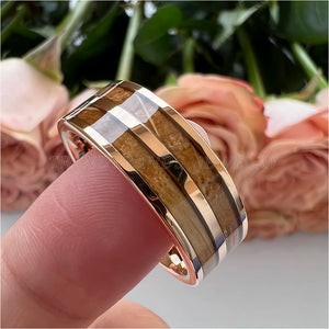 8mm Men's Women's Ring Tungsten Wedding Band Couple's Fashion Jewelry Whisky Barrel Wood Inlay Polished Shiny Comfort Fit