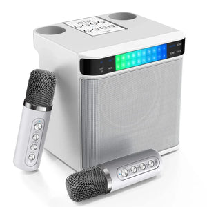 2 Mic Karaoke Machine Portable PA Speaker System Wireless Microphone Voice Changer Colorful LED Light Sing for Home Kids Adults