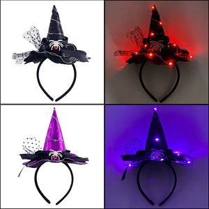 Halloween Headband Lace Witch Hat Shape Hair Hoop For Girls Women LED Glowing Headwear Masquerade Party Hair Accessories