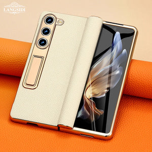 Genuine Leather Case for Samsung Galaxy Z Fold 6 5 4 3 Fold6 Fold5 Fold3 Fold4 Magnetic Hinge Stand Back Cover with Mirror Film