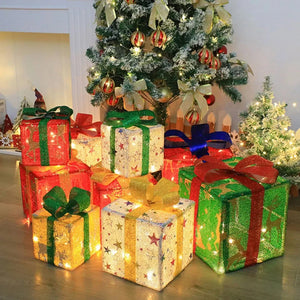 3Pcs/Set Christmas Glowing Gift Box Decoration Outdoor Lighting Christmas Lights Box with Bows  Christmas Gift Box Ornament