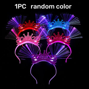 2025 Happy New Year LED Glow Headband Kids Adults Optic Fiber Light Up Hair Bands Glow Sticks Rave Nightclub Party Cheer Props