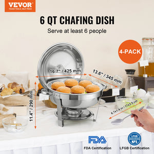 VEVOR 6 Qt 4 Pack Round Chafing Dish Buffet Set with Full Size Pan Stainless Steel Catering Warmer Server with Lid Water Pan - Stereotech