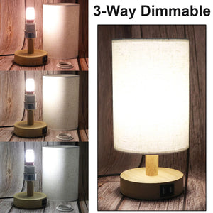 Dimmable Night Light Bedside Lamp 12W LED Wooden Table Lamps with USB Charging Ports for Bedroom Study Room Living Room Lighting