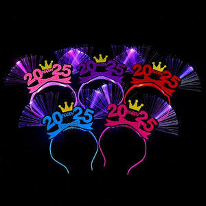 2025 Happy New Year LED Glow Headband Kids Adults Optic Fiber Light Up Hair Bands Glow Sticks Rave Nightclub Party Cheer Props