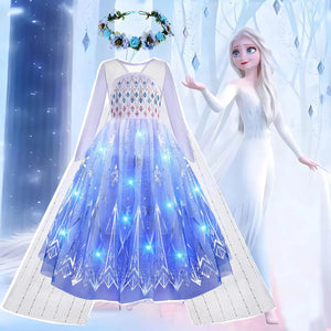 Disney 2024 Halloween Carnival Frozen Little Girls Princess Dress Snow Queen Fantasy Cosplay White Dress Elsa LED Strip Costume