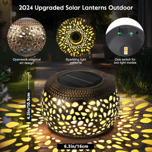 2 Pack Solar Lantern Halloween Decorations Outdoor, White/Black/Bronze Hollow Out Metal LED Solar Lantern for Patio Porch Garden