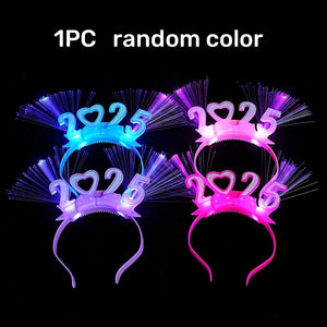 2025 Happy New Year LED Glow Headband Kids Adults Optic Fiber Light Up Hair Bands Glow Sticks Rave Nightclub Party Cheer Props