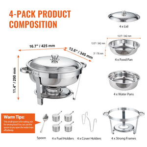 VEVOR 6 Qt 4 Pack Round Chafing Dish Buffet Set with Full Size Pan Stainless Steel Catering Warmer Server with Lid Water Pan - Stereotech