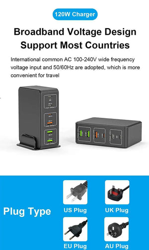 120W GaN Charger 6 Port Desktop Multi USB Charger 100W PD PPS QC4.0 Quick Charger For Laptop Tablet iPhone 16 Samsung S24 Ultra