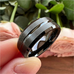 6mm 8mm Black Tungsten Carbide Engagement Ring for Men Women Wedding Band Beveled Edges Brushed Finish With Center Grooved