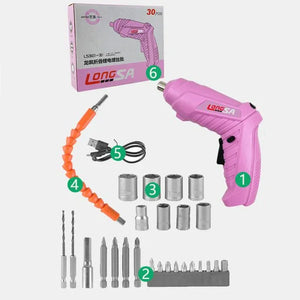 Full Pink Electric Screwdriver Alloy Steel Bit Battery Fast Charging DIY Handicrafts Repair Power Tools Set For Women Girls Gift