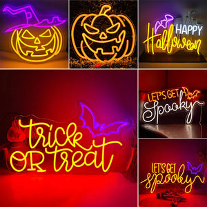 Halloween Neon Sign Pumpkin Lantern Led Light Up Signs USB Powered Halloween Party Decor Spooky Boo Neon Sign Wall Decor Gift