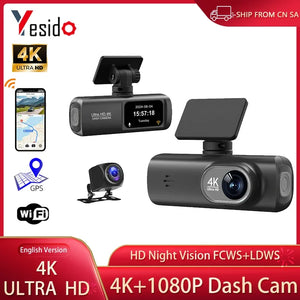 UHD 4K Dash Cam Dual Lens Driving Recorder Car DVR 1080P Rear Lens Camera Built-In WiFi GPSMonitoring 24-Hour Parking Black Box