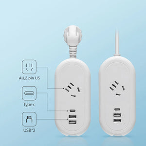 AU Plug Power Strip with 2 USB 1 Type-C Mini Portable 1.4M Extension Cable 2 Outlets Electrical Socket Storage Charging Cable