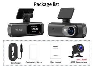 UHD 4K Dash Cam Dual Lens Driving Recorder Car DVR 1080P Rear Lens Camera Built-In WiFi GPSMonitoring 24-Hour Parking Black Box