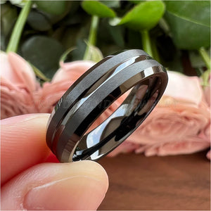 6mm 8mm Black Tungsten Carbide Engagement Ring for Men Women Wedding Band Beveled Edges Brushed Finish With Center Grooved