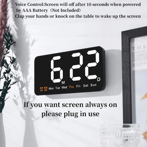 Voice Control Large Digital Wall Clock Temperature Date Week DST Snooze Table Clock 12/24H Dual Alarm Wall-mounted LED Clock