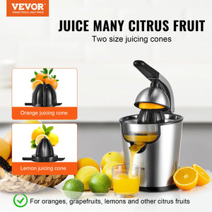 VEVOR Electric Citrus Juicer Orange Juice Squeezer with Two Size Juicing Cones 300W Stainless Steel Orange Juice Maker