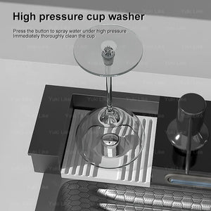 Double Waterfall Sink Stainless Steel Kitchen Sink Embossed Large Single Slot Ambient light digital display Wash Basin - Stereotech