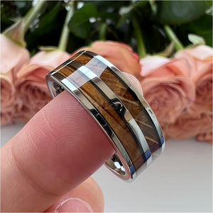 8mm Men's Women's Ring Tungsten Wedding Band Couple's Fashion Jewelry Whisky Barrel Wood Inlay Polished Shiny Comfort Fit