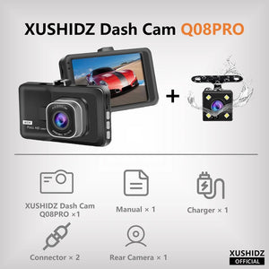 XUSHIDZ Q08PRO Full HD 1080P G-sensor Dual-Channel Dash camera Vehicle Video Recorder Night Vision Car Camera Dashcam DVR Rear