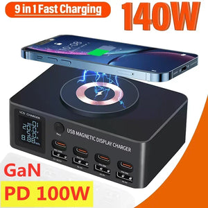 140W USB C GaN Charger PD 100W 65W Type C QC Fast Charge Wireless Charging Station Digital Display For All Phone Tablet Laptop