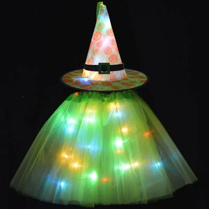 Women Girl Kids Glow Wizard Witch Hat Spider Web Cobweb Skirt Tutu Costume Party Led Clothes Birthday Gift Candy Bag Halloween